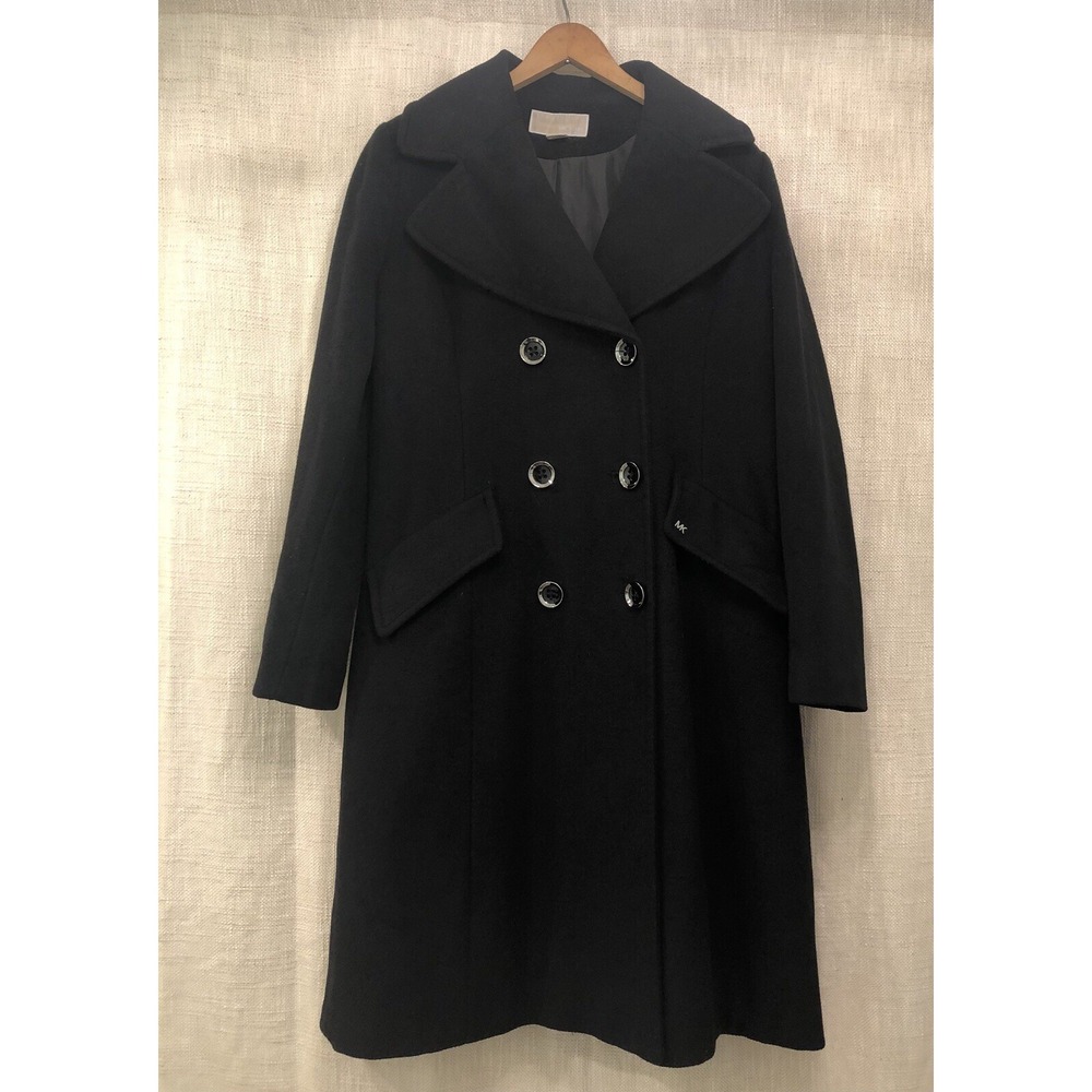 Michael Kors Women's Double Breasted Wool Blend Notch Collar Black Peacoat Sz M